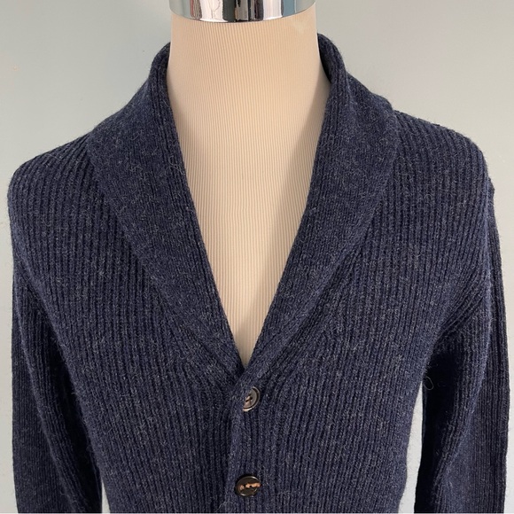 Line of Trade Men's S 100% Shetland Wool Cardigan Sweater Shawl Collar Navy Blue - Picture 2 of 12